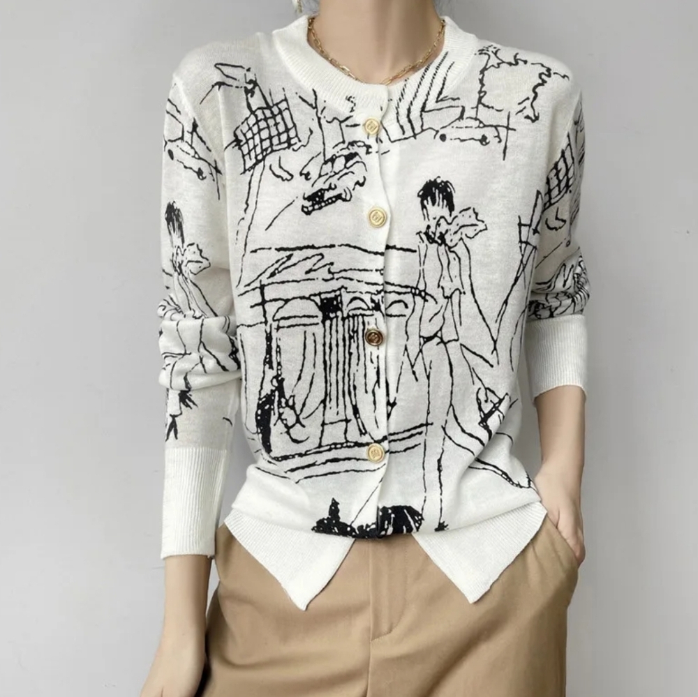 Graffiti Digital Jacquard Fine Imitation Fashion Wool Knitted Cardigan - Picture 1 of 5